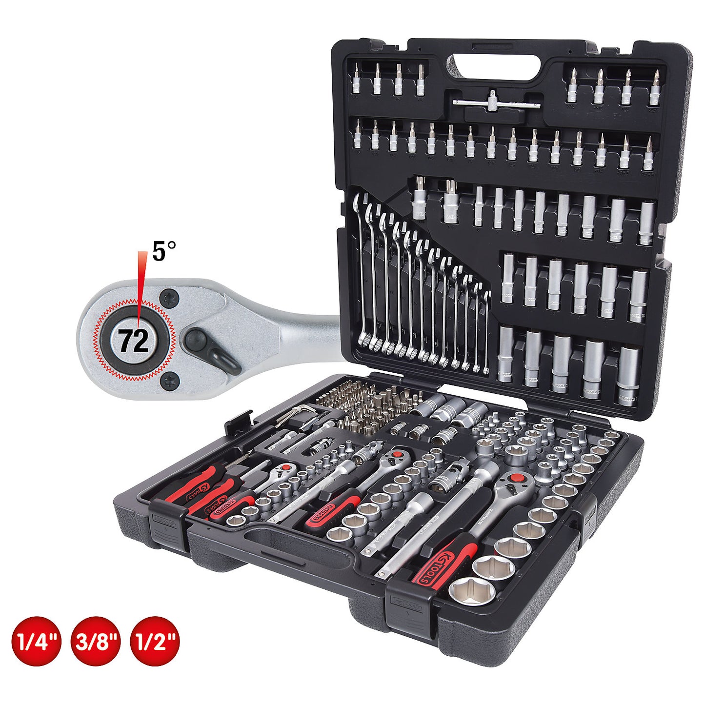 1/4'' + 3/8'' + 1/2'' socket set, 216 parts, chrome plated matt satin finish.