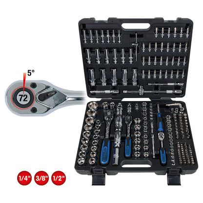 CHROMEplus socket set 1/4'' + 3/8'' + 1/2'', 195 parts, bright chrome plated.