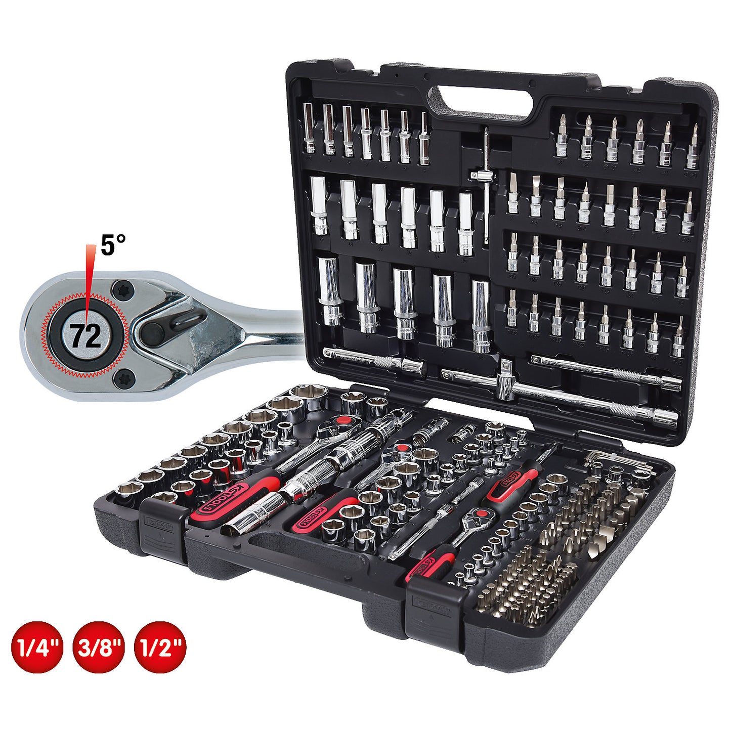 CHROMEplus socket set 1/4'' + 3/8'' + 1/2'', 195 parts, bright chrome plated.