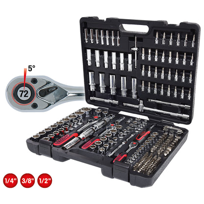 CHROMEplus socket set 1/4'' + 3/8'' + 1/2'', 195 parts, bright chrome plated.