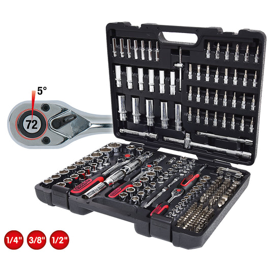CHROMEplus socket set 1/4'' + 3/8'' + 1/2'', 195 parts, bright chrome plated.