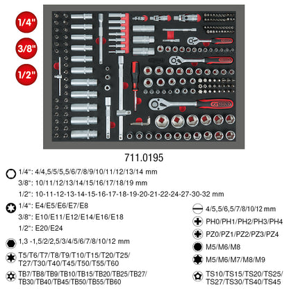 1/4'' + 3/8'' + 1/2'' socket set, height 35 mm, 195 parts, full drawer inlay.