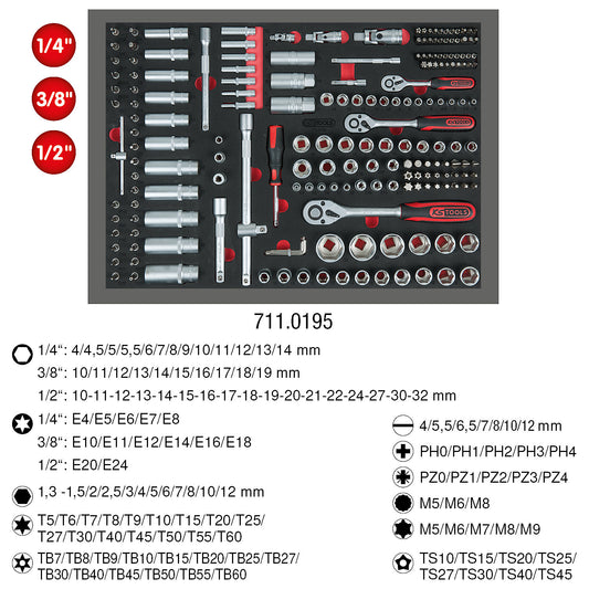 1/4'' + 3/8'' + 1/2'' socket set, height 35 mm, 195 parts, full drawer inlay.