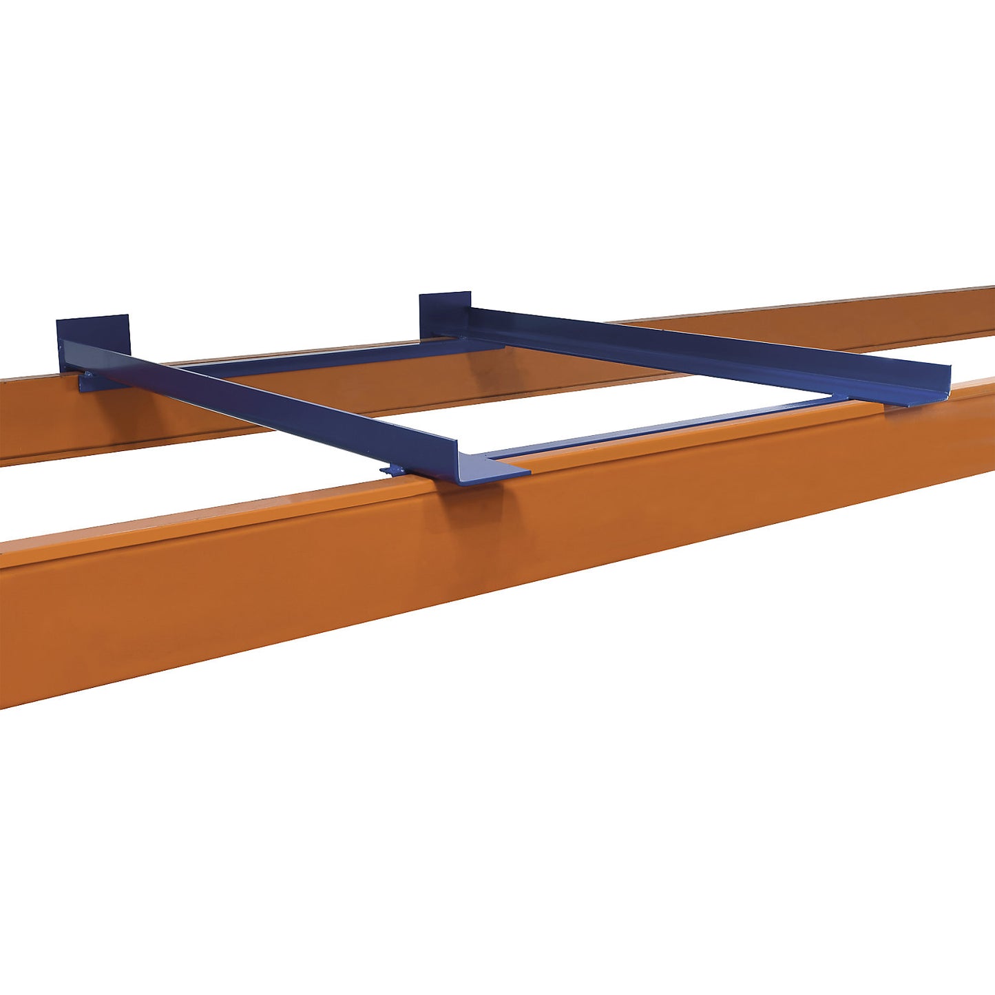Right angle support frame, with end stop, blue, shelf unit depth 900 mm.