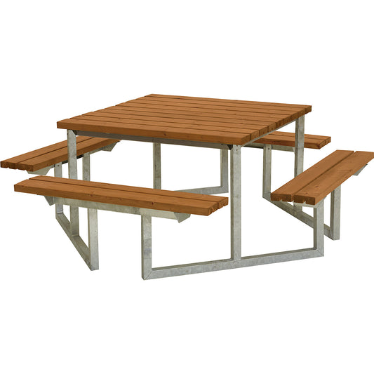 Picnic bench, for 8 people, certified pine wood, teak-coloured.