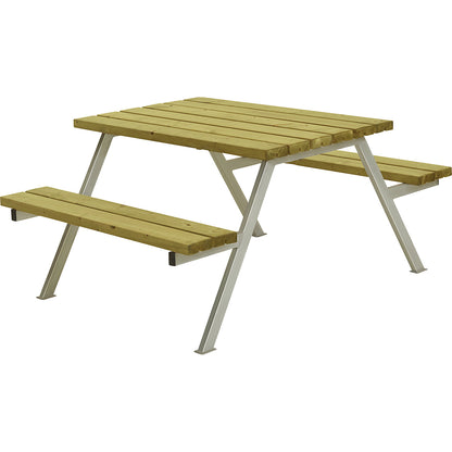 Picnic bench, steel frame, hot dip galvanised, LxD 1180 x 1610 mm, natural softwood, without backrest.