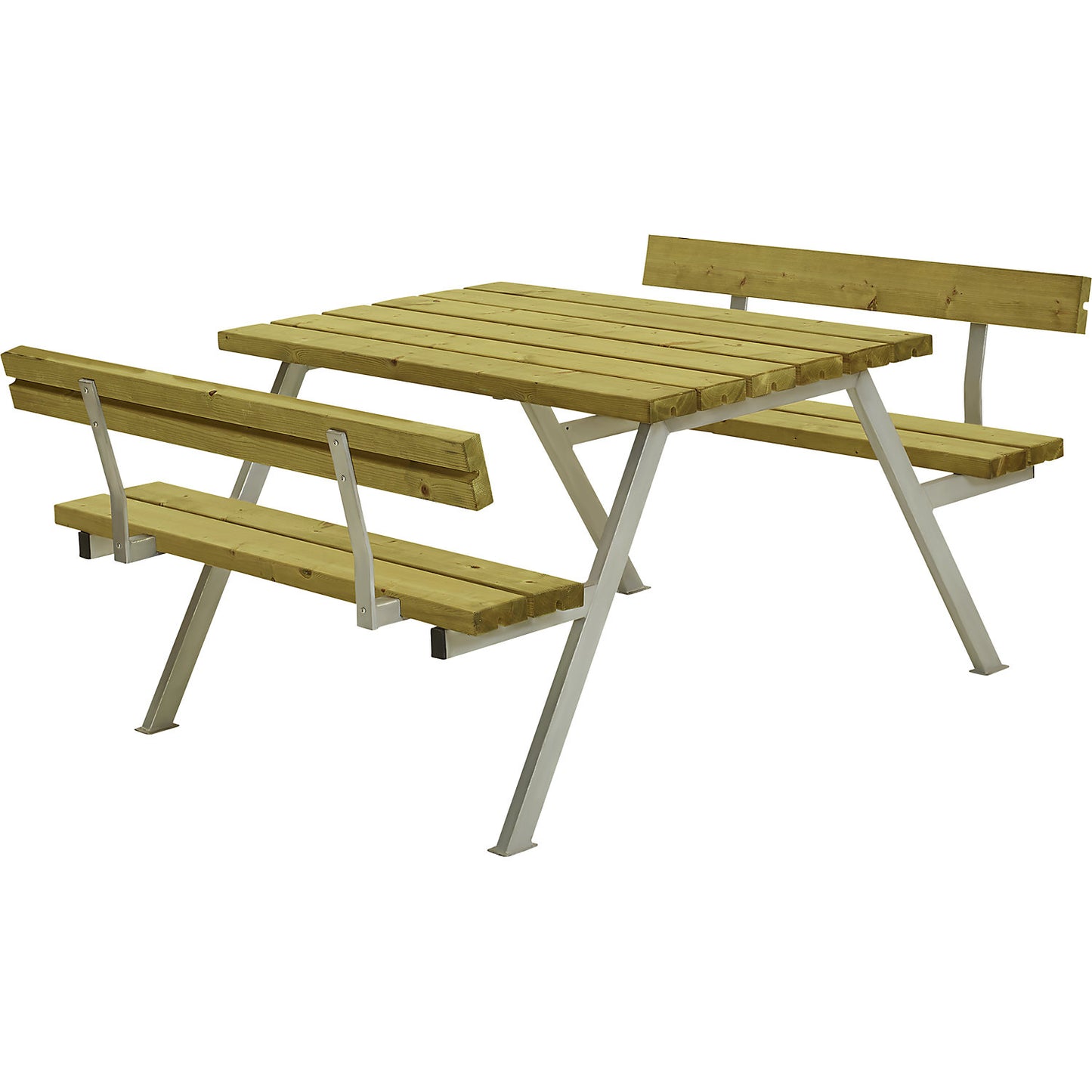 Picnic bench, steel frame, hot dip galvanised, LxD 1180 x 1850 mm, softwood, natural, with backrest.