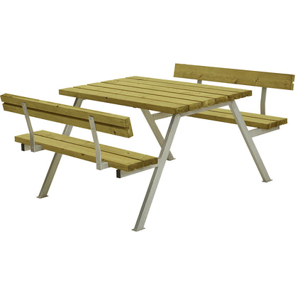 Picnic bench, steel frame, hot dip galvanised, LxD 1180 x 1850 mm, softwood, natural, with backrest.