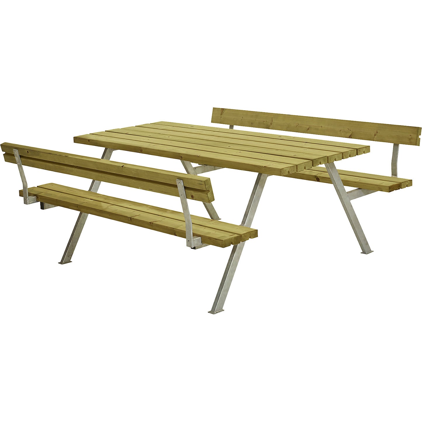 Picnic bench, steel frame, hot dip galvanised, LxD 1770 x 1850 mm, softwood, natural, with backrest.
