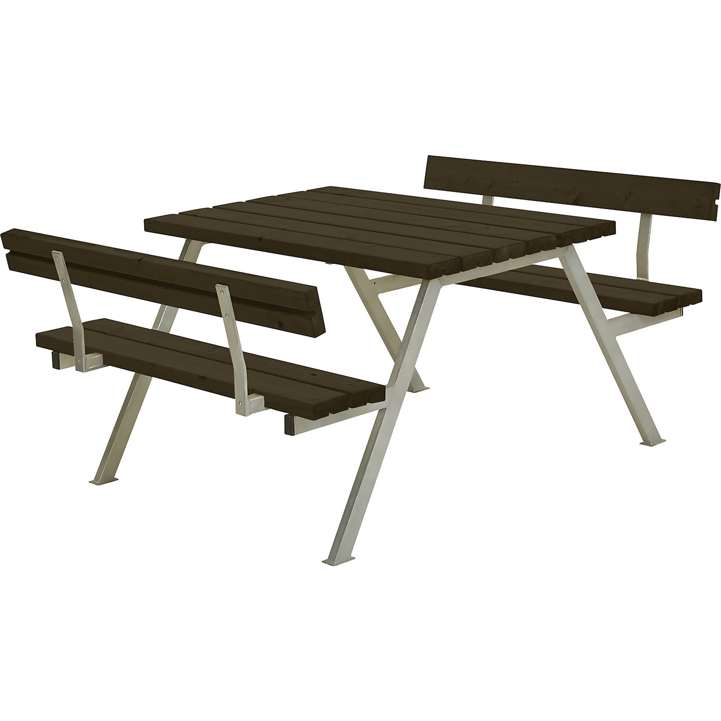 Picnic bench, steel frame, hot dip galvanised, LxD 1180 x 1850 mm, softwood, black, with backrest.