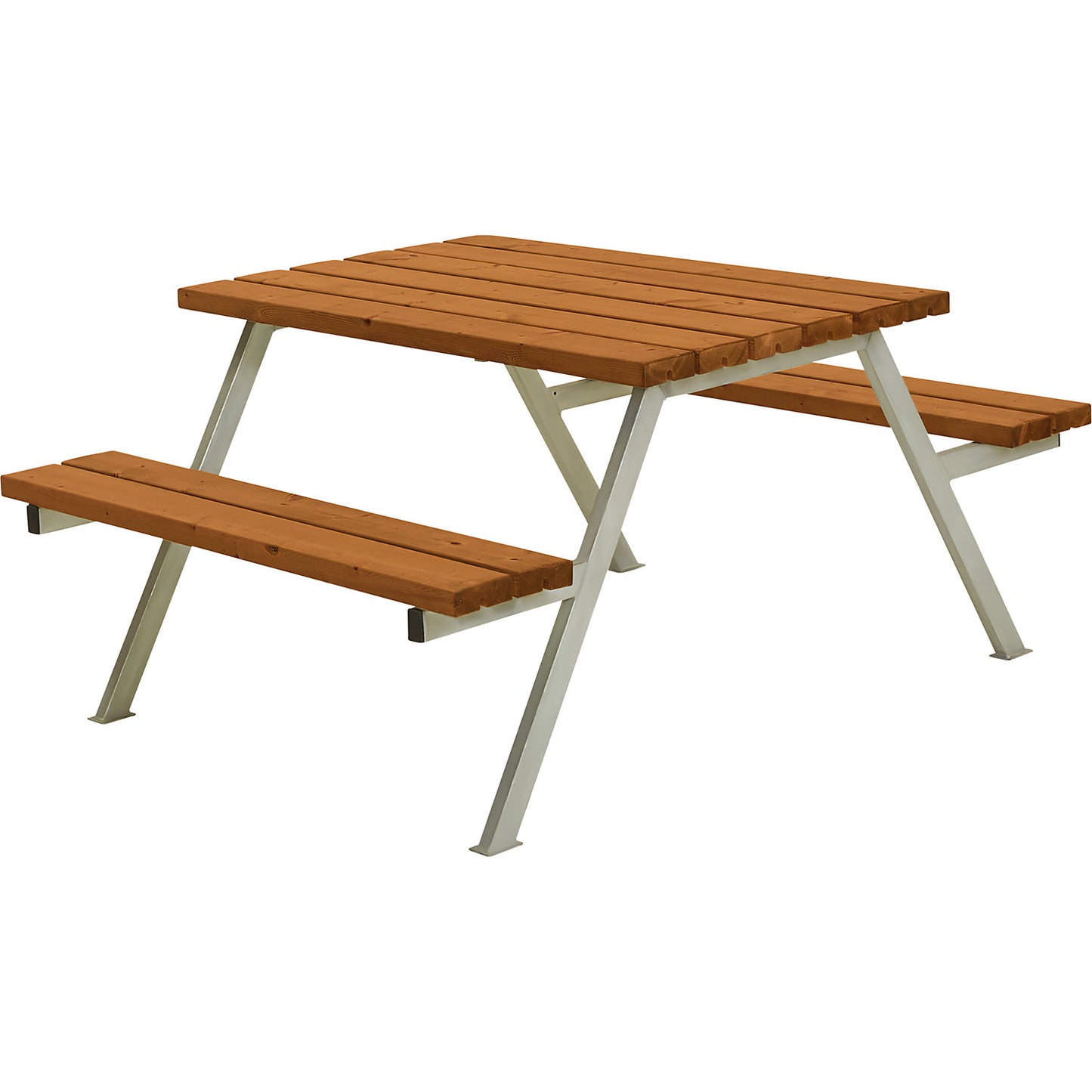 Picnic bench, steel frame, hot dip galvanised, LxD 1180 x 1610 mm, softwood, teak-coloured, without backrest.
