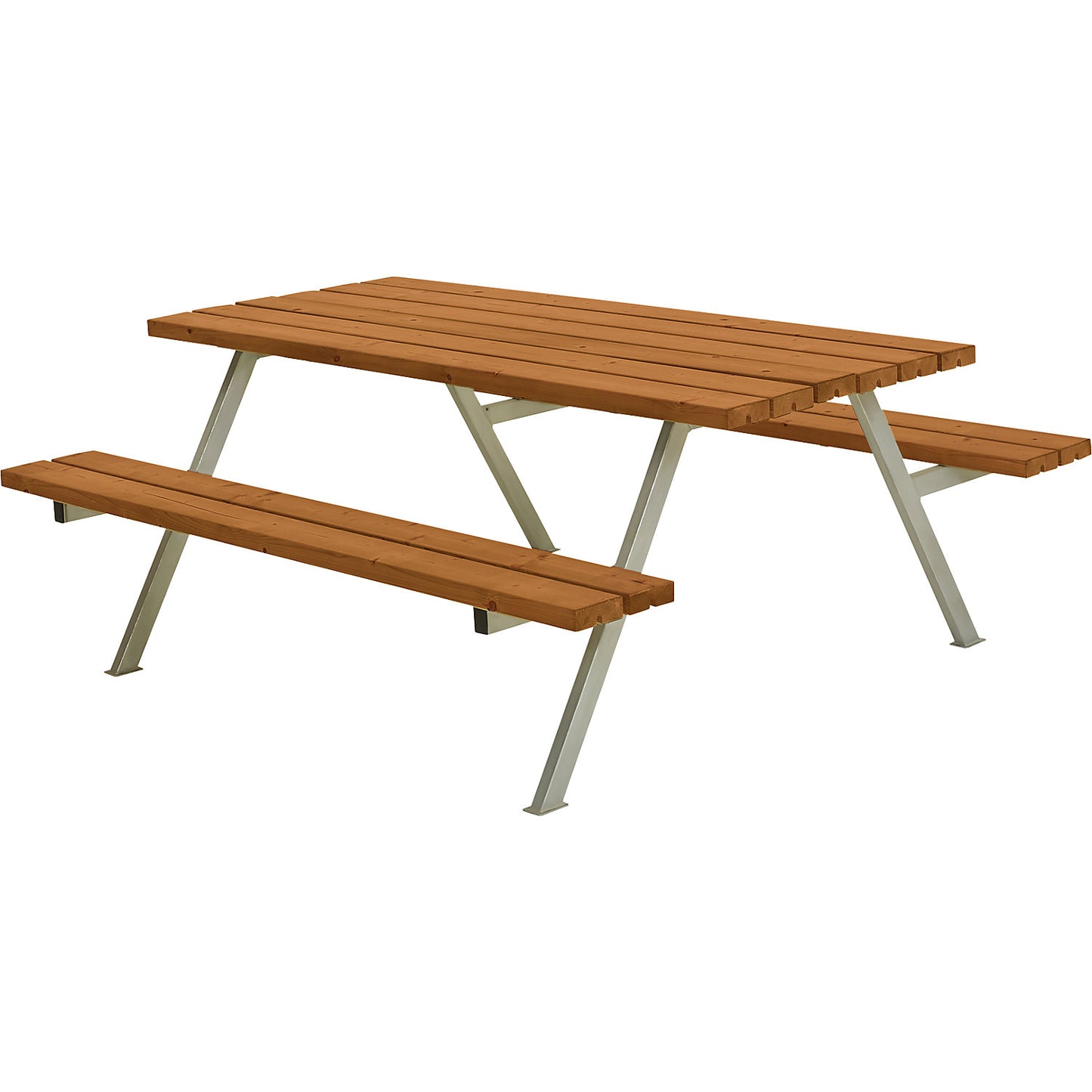 Picnic bench, steel frame, hot dip galvanised, LxD 1770 x 1610 mm, softwood, teak-coloured, without backrest.