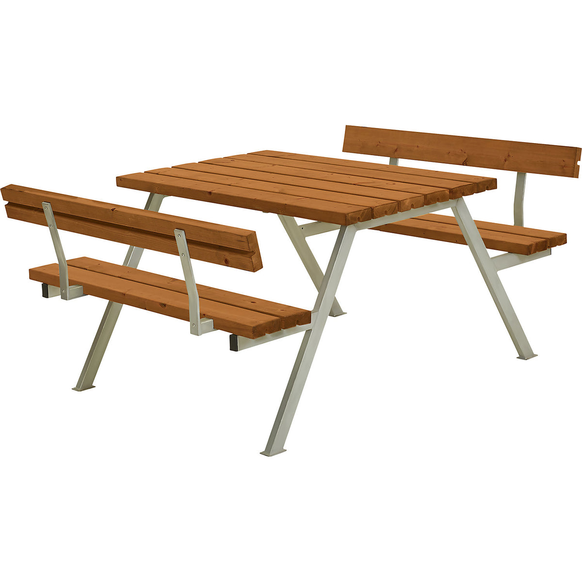 Picnic bench, steel frame, hot dip galvanised, LxD 1180 x 1850 mm, softwood, teak-coloured, with backrest.