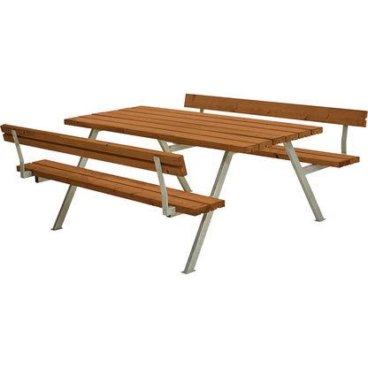 Picnic bench, steel frame, hot dip galvanised, LxD 1770 x 1850 mm, softwood, teak-coloured, with backrest.