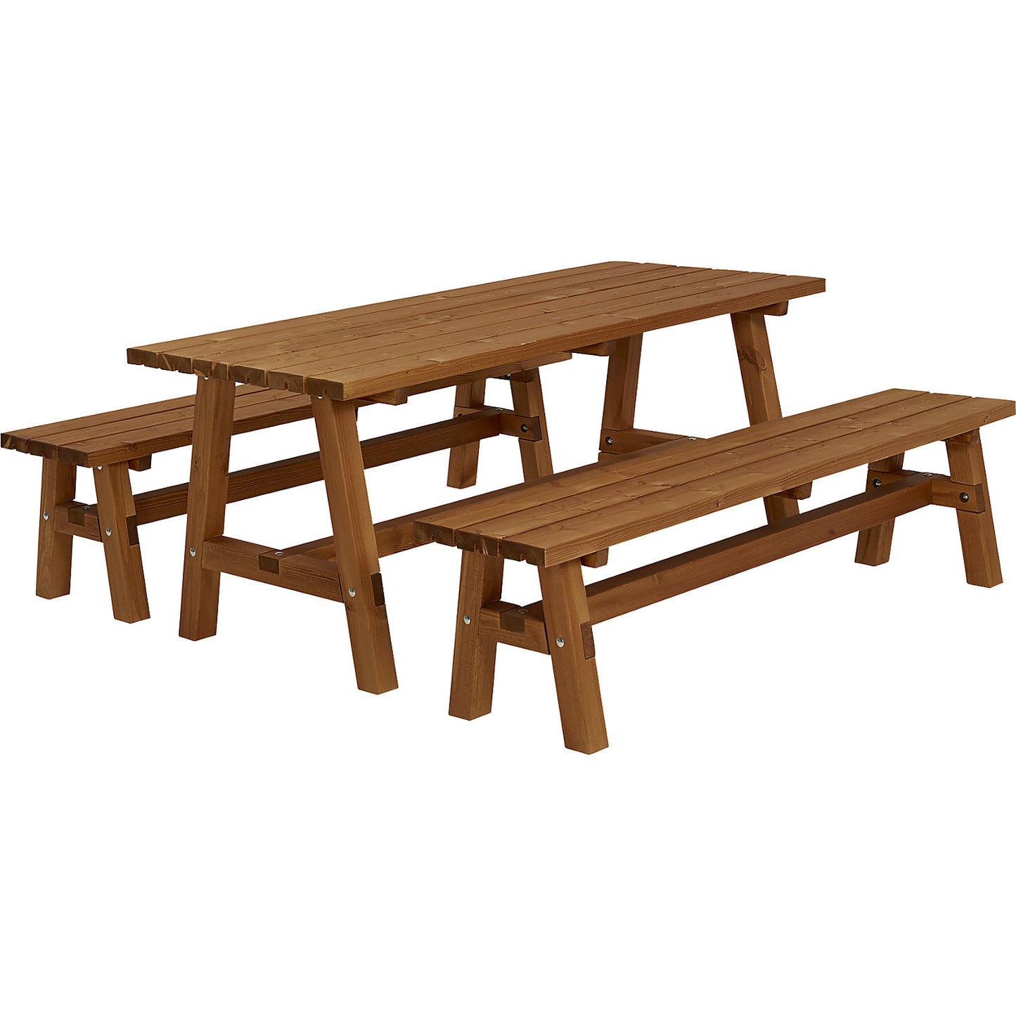 Seating set with desk and 2 benches, coniferous wood, teak-coloured.