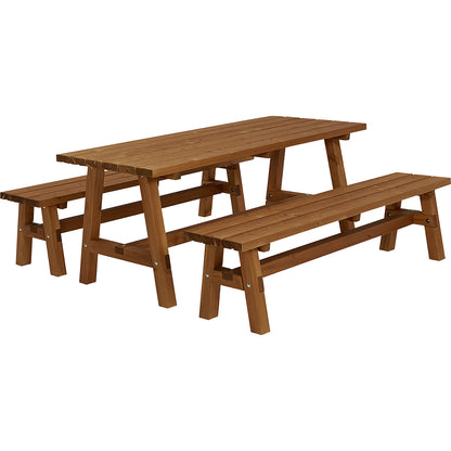 Seating set with desk and 2 benches, coniferous wood, teak-coloured.