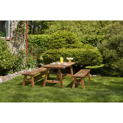 Seating set with desk and 2 benches, coniferous wood, teak-coloured.