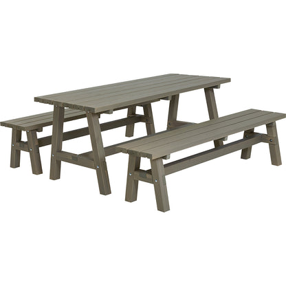Seating set with desk and 2 benches, coniferous wood, grey brown.