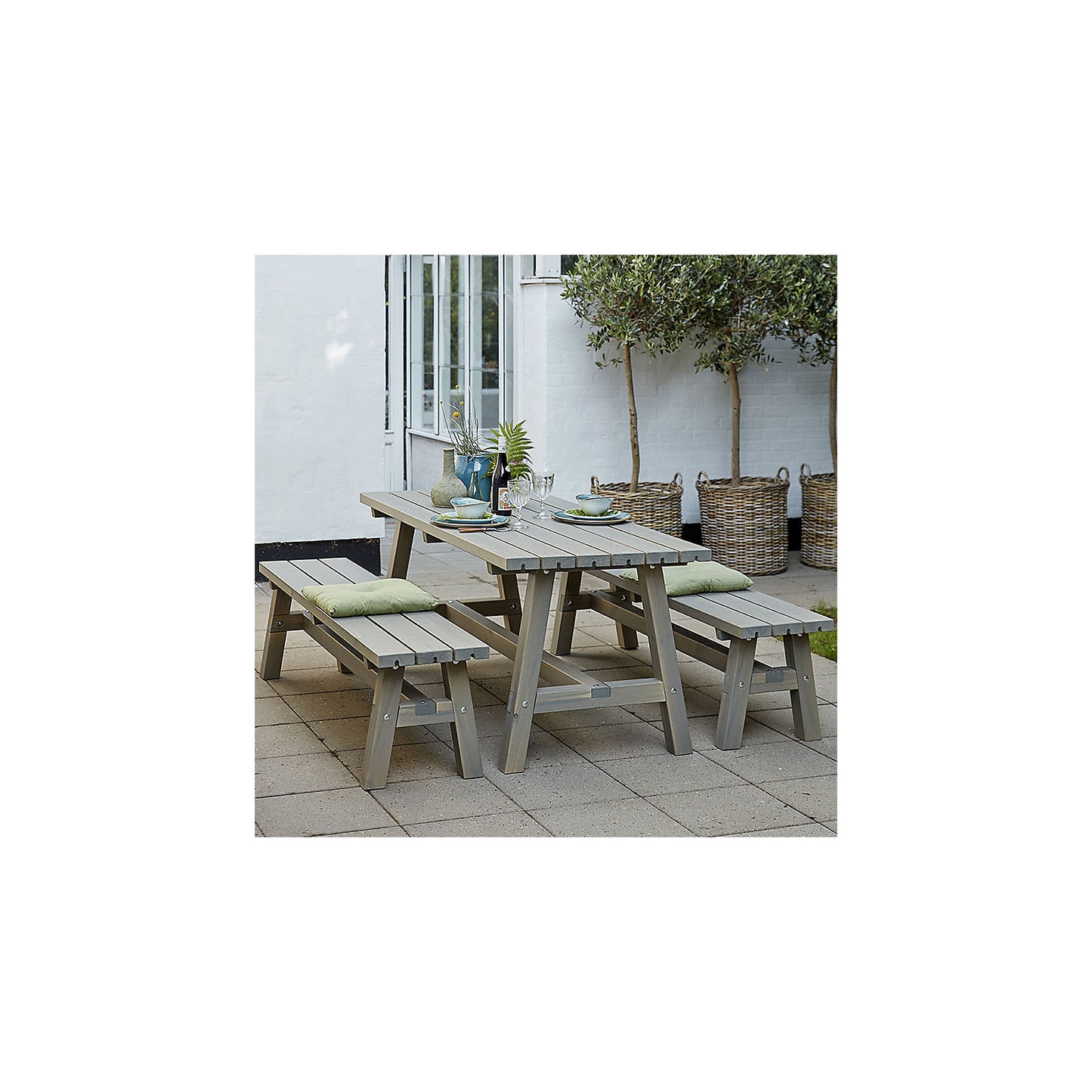 Seating set with desk and 2 benches, coniferous wood, grey brown.