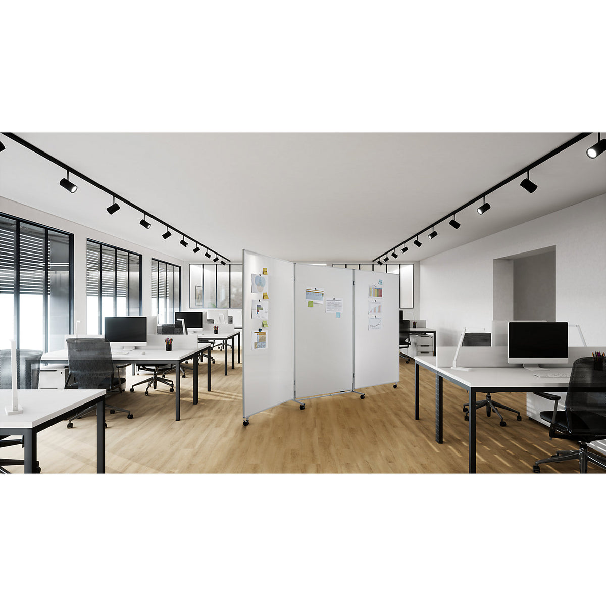 Presentation board/partition, mobile, folding, for writing on, magnetic, resistant to disinfectants, HxWxD 1905 x 1018/3074 x 500 mm.