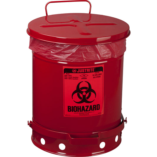 Sheet steel safety disposal can for biohazardous waste, BIOHAZARD sticker, capacity 34 l, with pedal, red.