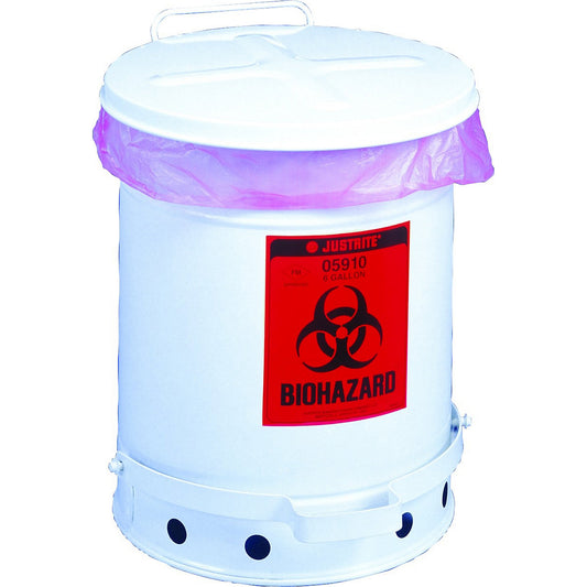 Sheet steel safety disposal can for biohazardous waste, BIOHAZARD sticker, capacity 34 l, with pedal, white.