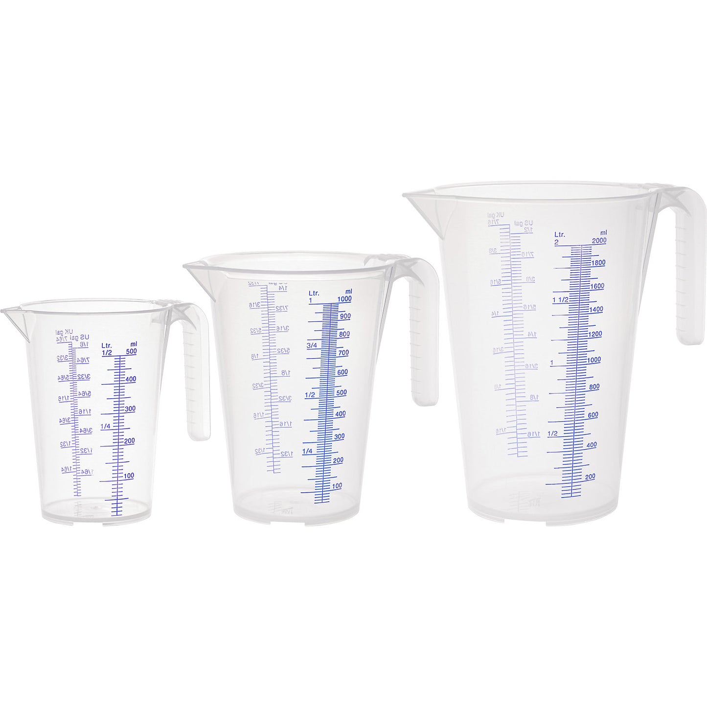 Measuring cup, transparent, set with 1 x 0.5 / 1 / 2 l each, pack of 6, PP, with scale, 3 funnels.
