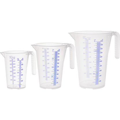 Measuring cup, transparent, set with 1 x 0.5 / 1 / 2 l each, pack of 6, PP, with scale, 3 funnels.