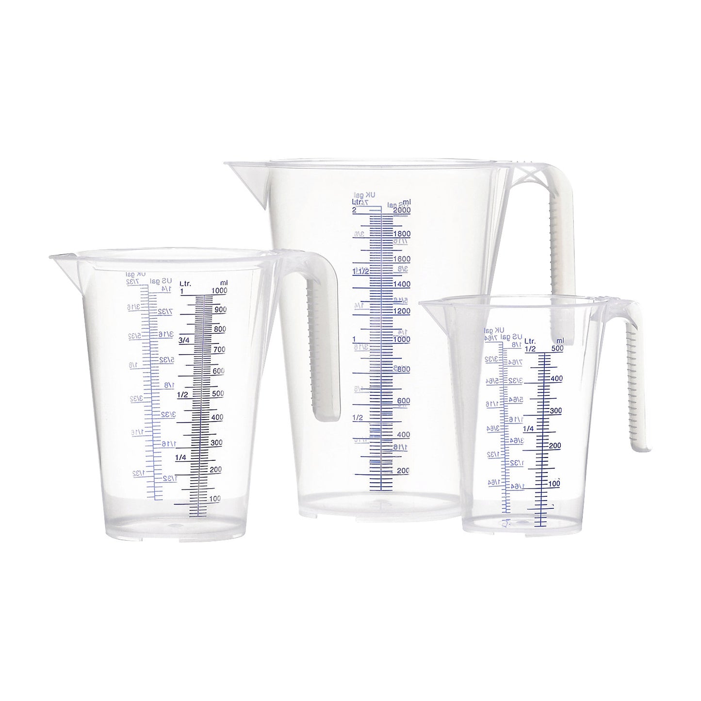 Measuring cup, transparent, set with 1 x 0.5 / 1 / 2 l each, pack of 6, PP, with scale, 3 funnels.