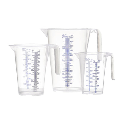 Measuring cup, transparent, set with 1 x 0.5 / 1 / 2 l each, pack of 6, PP, with scale, 3 funnels.
