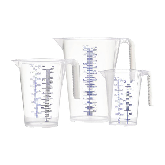Measuring cup, transparent, set with 1 x 0.5 / 1 / 2 l each, pack of 6, PP, with scale, 3 funnels.