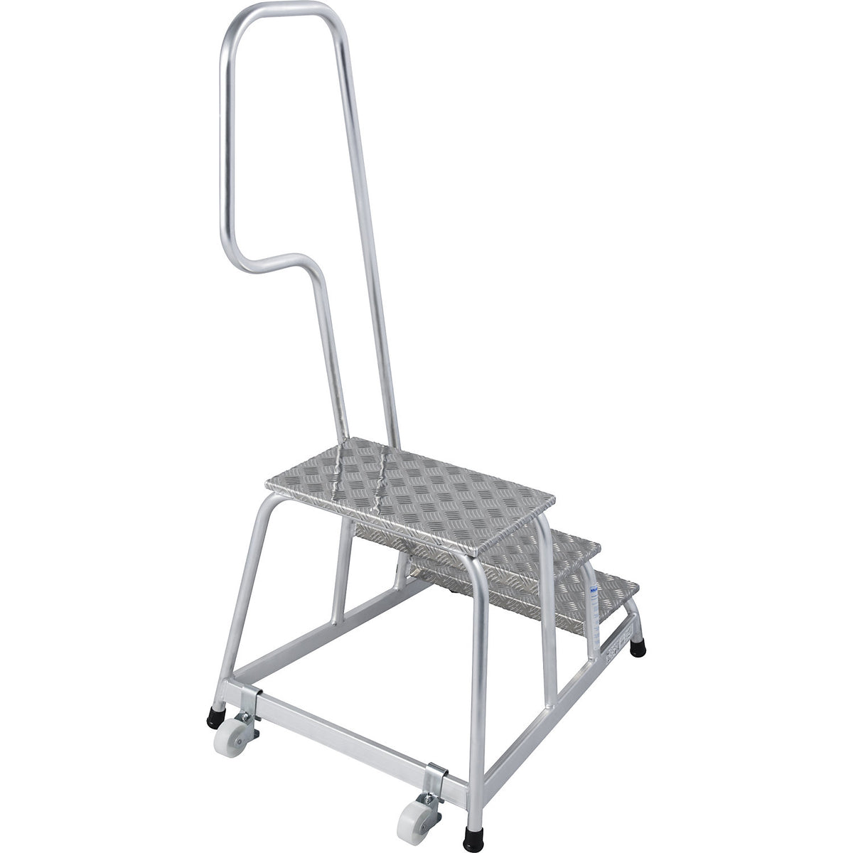 STABILO mobile machine steps, 2 fixed castors, hand rail on one side, 3 steps.