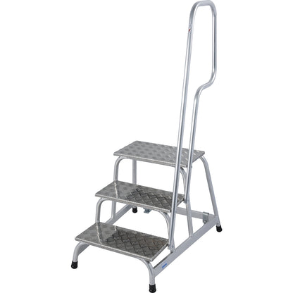 STABILO mobile machine steps, 2 fixed castors, hand rail on one side, 3 steps.