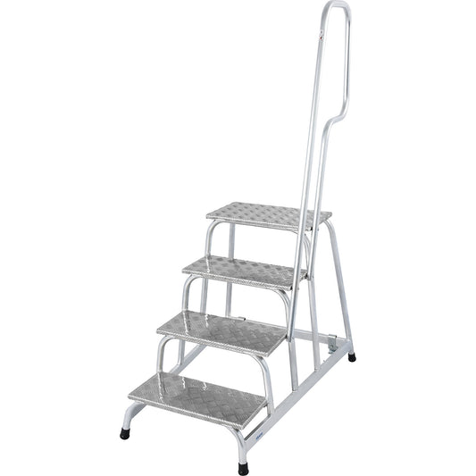 STABILO mobile machine steps, 2 fixed castors, hand rail on one side, 4 steps.