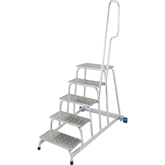 STABILO mobile machine steps, 2 fixed castors, hand rail on one side, 5 steps.