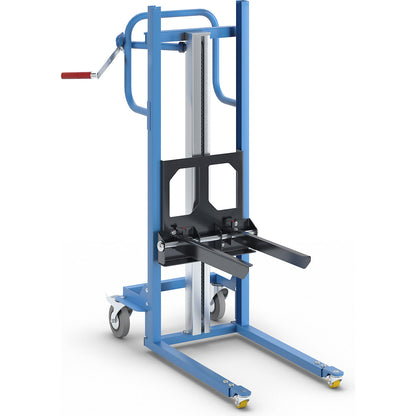 Material lifter, with adjustable box fork, with 4 swivel castors.