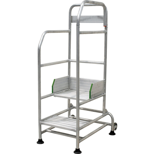 Mobile safety machine steps, made of aluminium, 2 steps, hand rail on 3 sides.