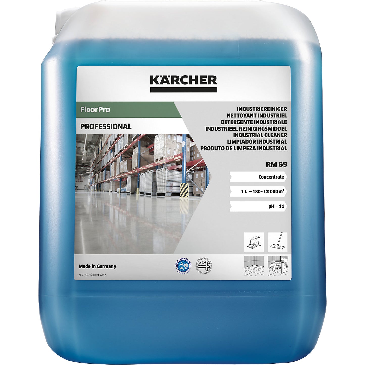 RM 69 industrial cleaner, content 10 l, pH value 10.7.