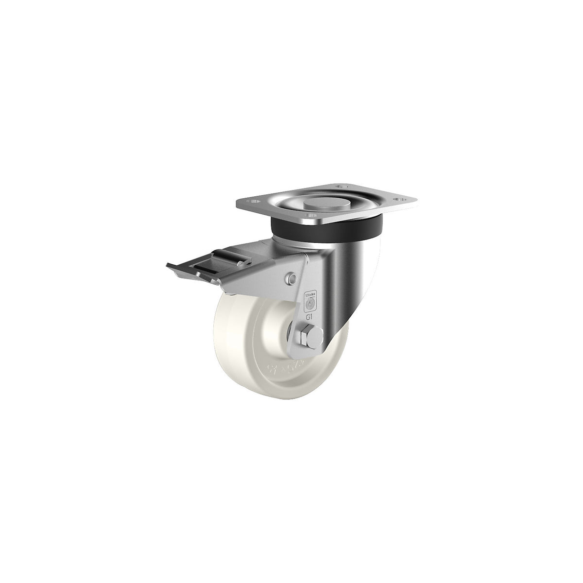 Nylon castor, wheel Ø x width 125 x 45 mm, swivel castor with double stop, ball bearings.