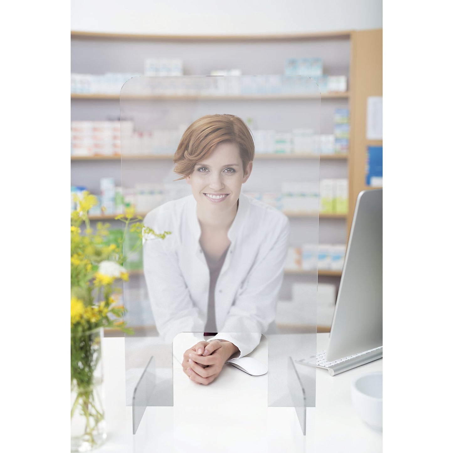 Countertop and tabletop partition, acrylic glass, transparent, 5 mm thick, HxWxD 845 x 495 x 240 mm.