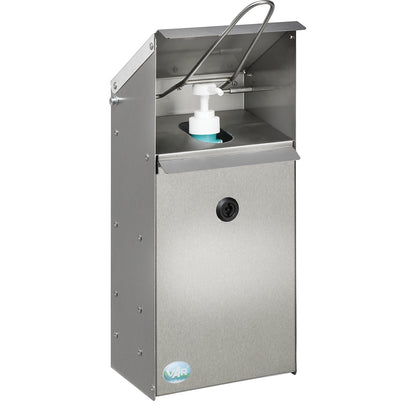 Hand disinfectant dispenser with wall bracket, lockable, stainless steel.