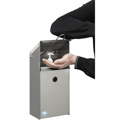 Hand disinfectant dispenser with wall bracket, lockable, stainless steel.