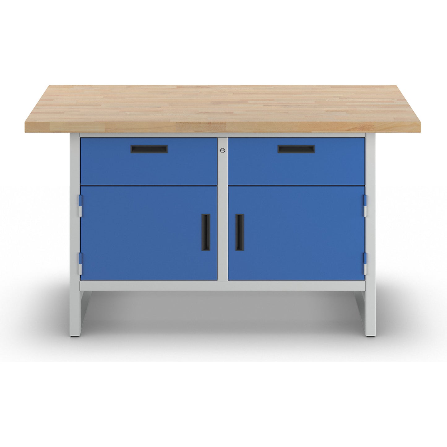 Workbench with closed sides, 2 drawers, 2 doors, width 1500 mm, light grey / gentian blue.
