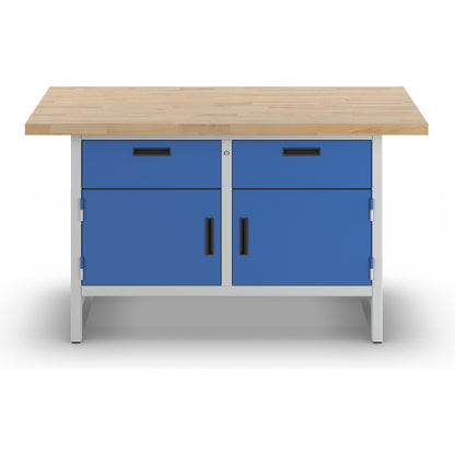 Workbench with closed sides, 2 drawers, 2 doors, width 1500 mm, light grey / gentian blue.