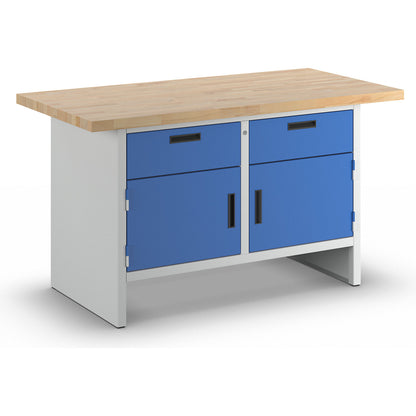 Workbench with closed sides, 2 drawers, 2 doors, width 1500 mm, light grey / gentian blue.