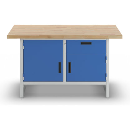 Workbench with closed sides, 1 drawer, 2 doors, width 1500 mm, light grey / gentian blue.