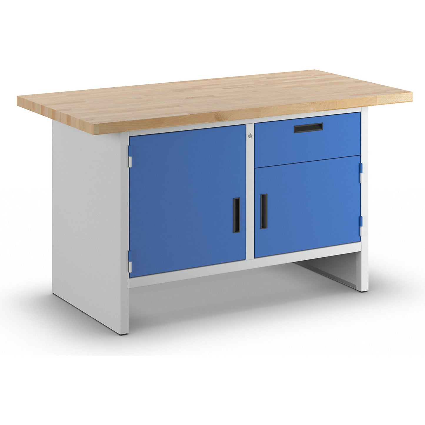 Workbench with closed sides, 1 drawer, 2 doors, width 1500 mm, light grey / gentian blue.