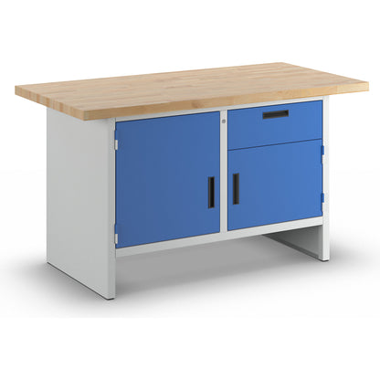 Workbench with closed sides, 1 drawer, 2 doors, width 1500 mm, light grey / gentian blue.