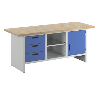 Workbench with closed sides, 3 drawers, 1 door, width 2000 mm, light grey / gentian blue.