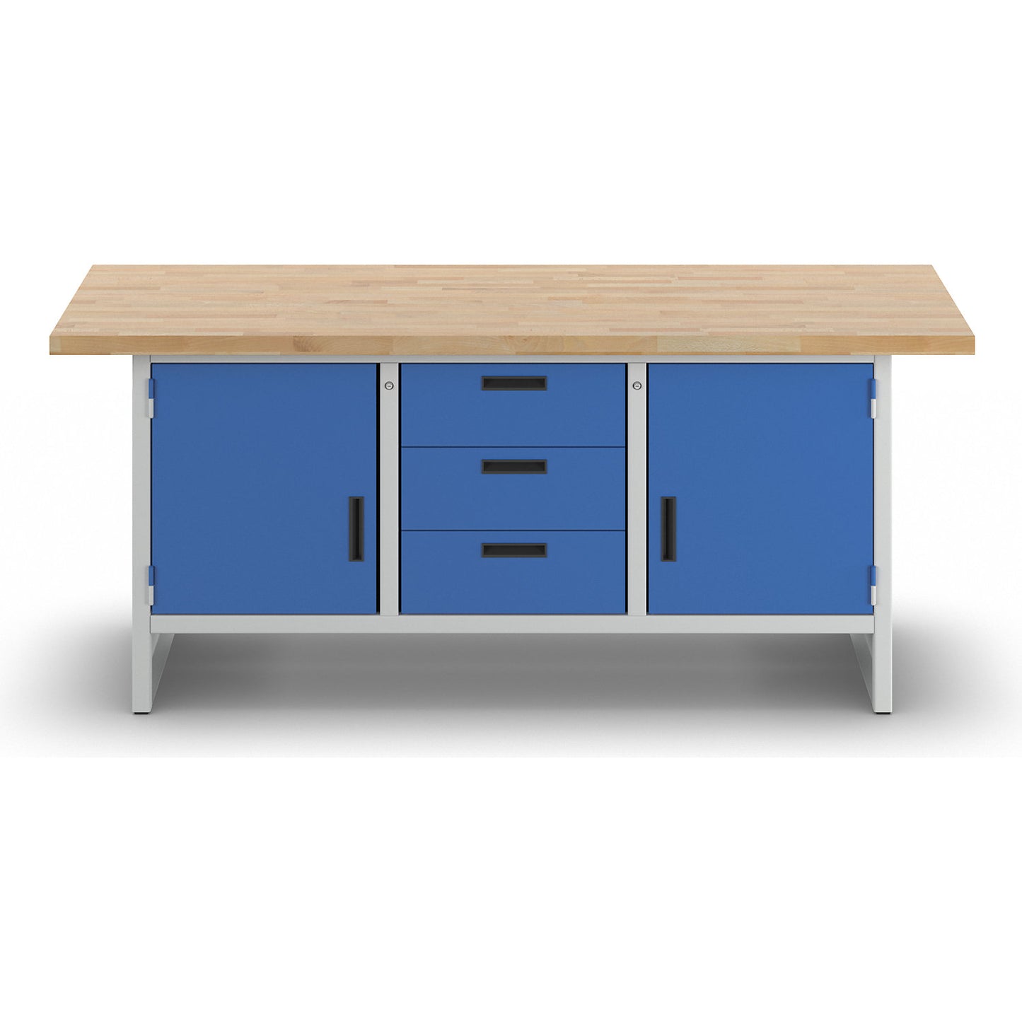 Workbench with closed sides, 3 drawers, 2 doors, width 2000 mm, light grey / gentian blue.